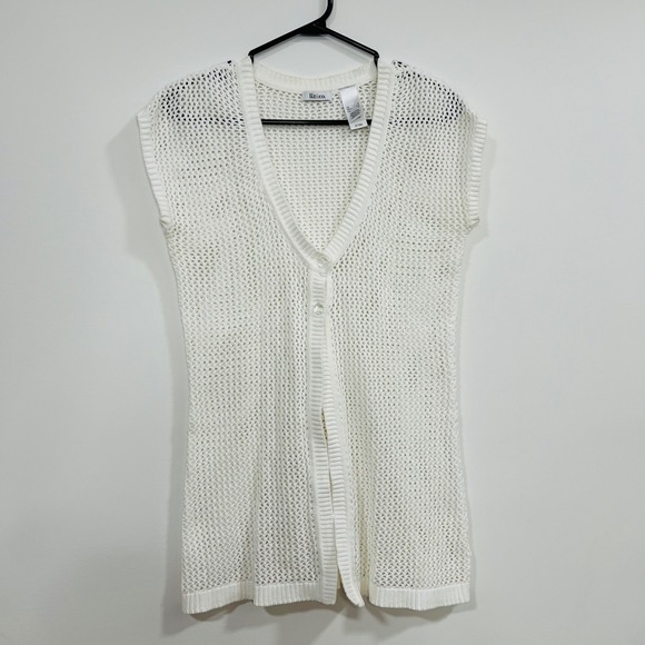 Women's White Cotton Open Knit Sleeveless Cardigan Vest Two Button V Neck - Picture 2 of 9